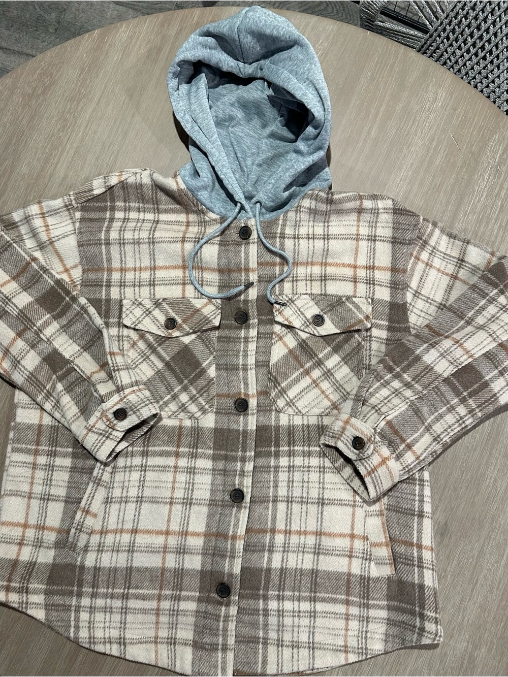 Ashley By 26 International XL Plaid Hooded Shacket Jacket Brown Cream Gray Wool